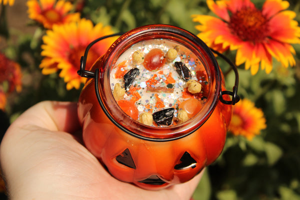 Jack O' Lantern Crystal Candle|Crystal Candles|Halloween Candle|Samhain Candle|All Hallow's Eve Candle|Pumpkin Candle|Pumpkin Crystal Candle