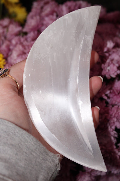 Selenite Moon Bowl|Crystal Bowl|Moon Shaped Bowl|Crystal Moon Bowl|Selenite Moon|Crystal Bowls|Selenite