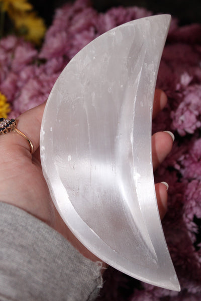 Selenite Moon Bowl|Crystal Bowl|Moon Shaped Bowl|Crystal Moon Bowl|Selenite Moon|Crystal Bowls|Selenite